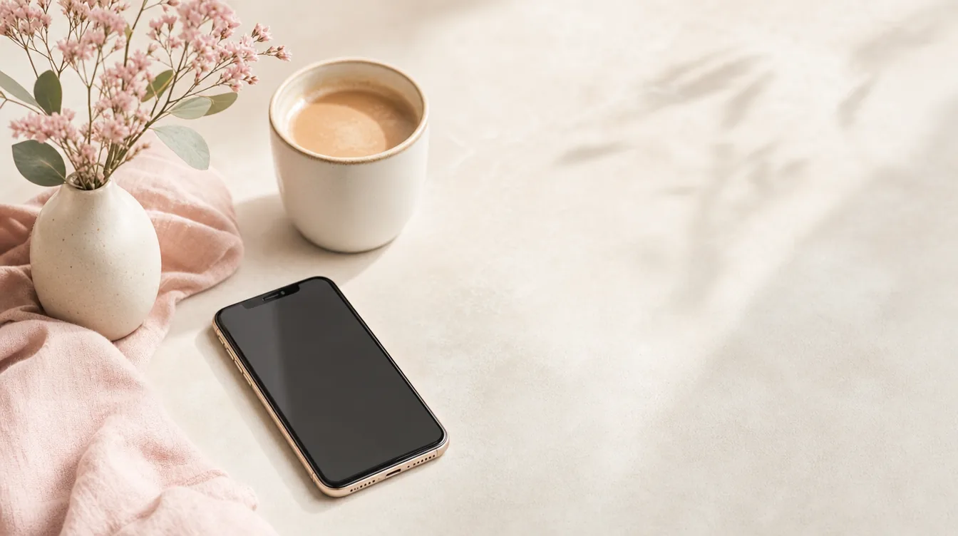 Warm desk with phone, coffee and soft blooms for customer support