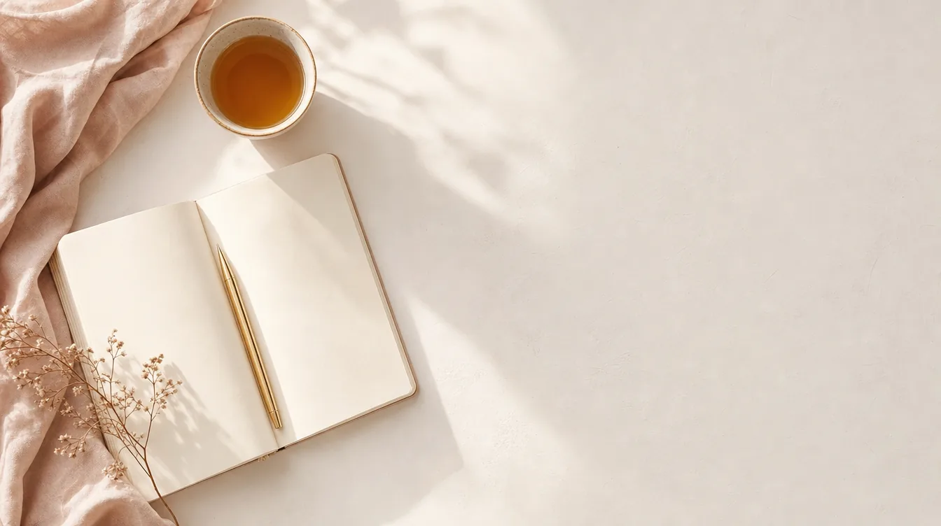 Calm cream notebook, tea and dried botanical representing answers