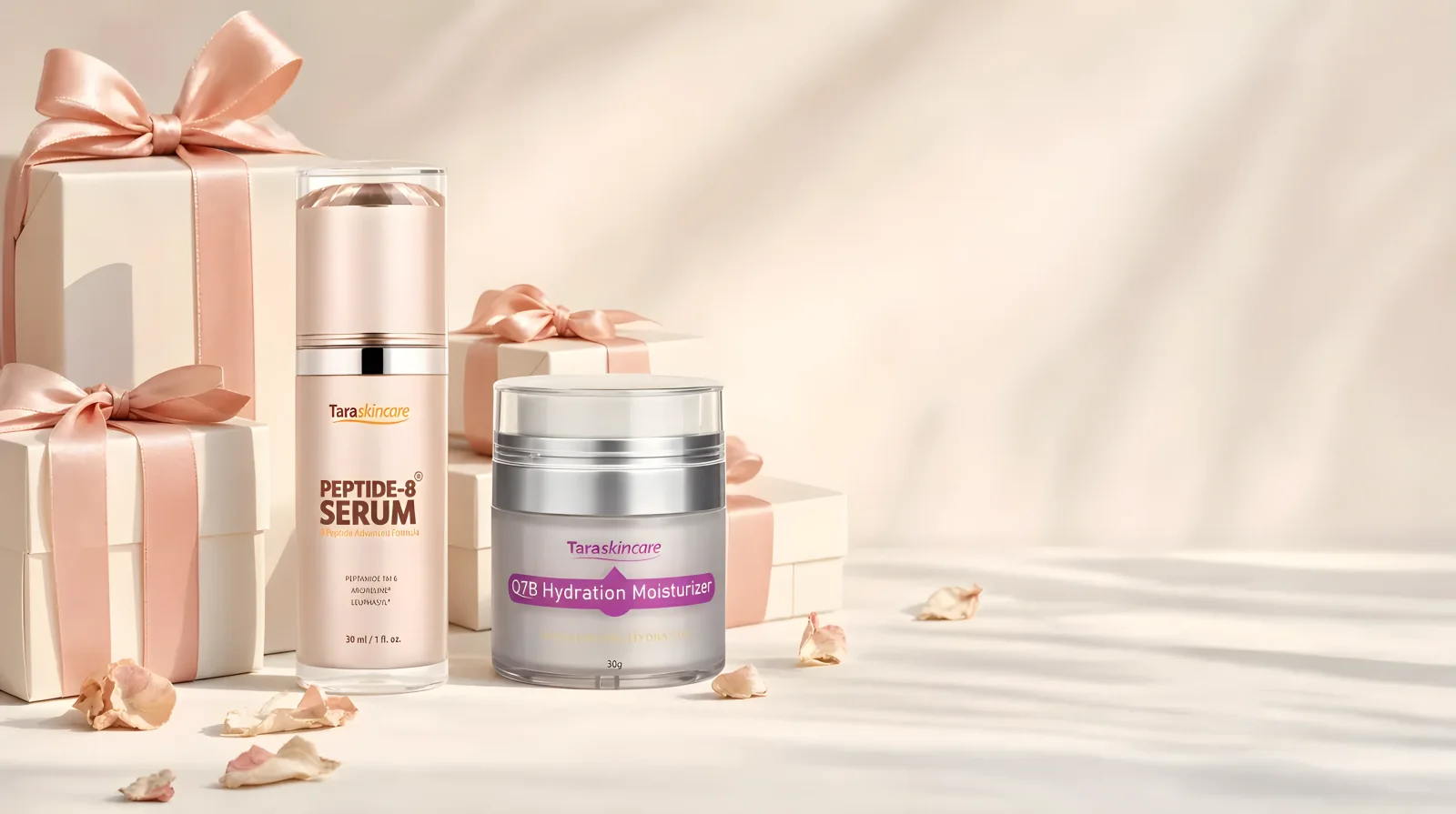 TaraSkinCare gift boxes with Peptide-8 Serum and Q7B Moisturizer