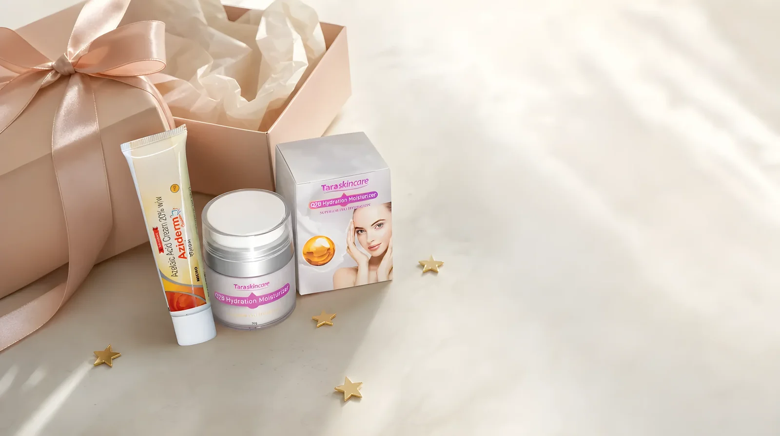 TaraSkinCare gift box with products and golden reward stars