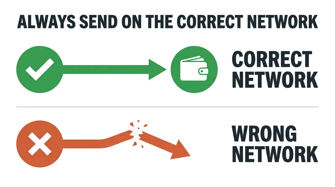 Always send on the correct network. Sending on the correct network delivers your payment to the wallet; sending on the wrong network breaks the transfer and the coins cannot be recovered.